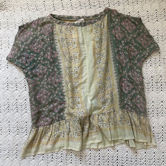 Aiyia Floral Boho Lagenlook Short Sleeve Cotton Top Green (Large) - Picture 1 of 7